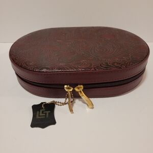 New- Embossed Burgundy Leather Zip Jewelry Case with Gold Accents